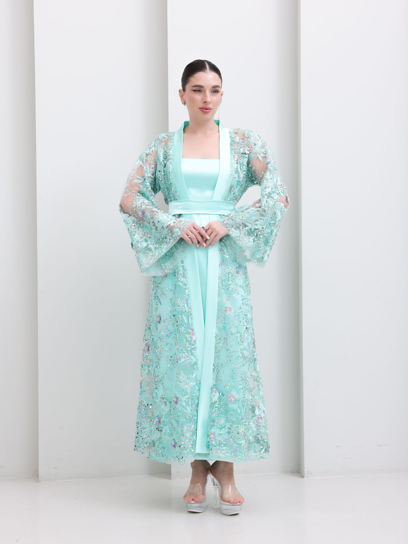 Tiffany Blue Embroidered Tulle Lace Abaya