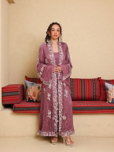 Antique Rose Embellished Lace Abaya - Image 4