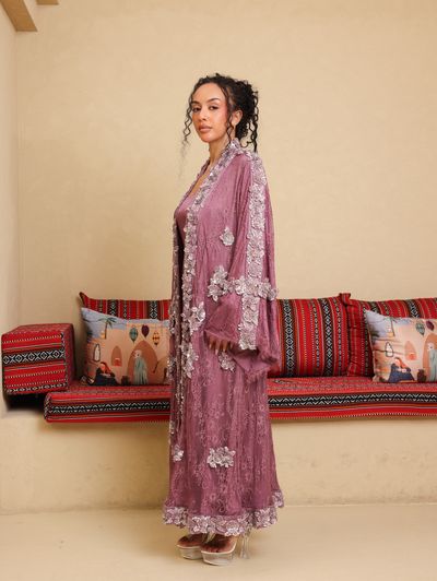 Antique Rose Embellished Lace Abaya - Image 7