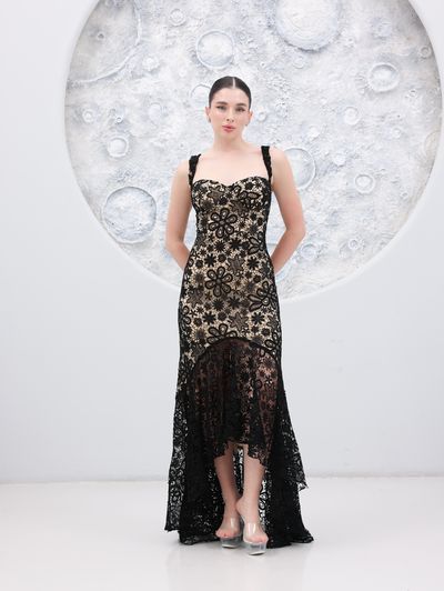 Solid Black Guipure Lace Abaya - Image 2