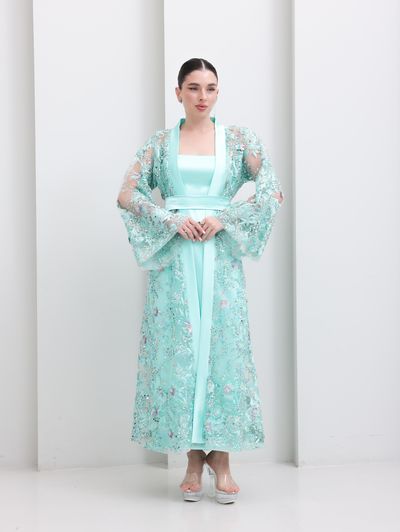 Tiffany Blue Embroidered Tulle Lace Abaya