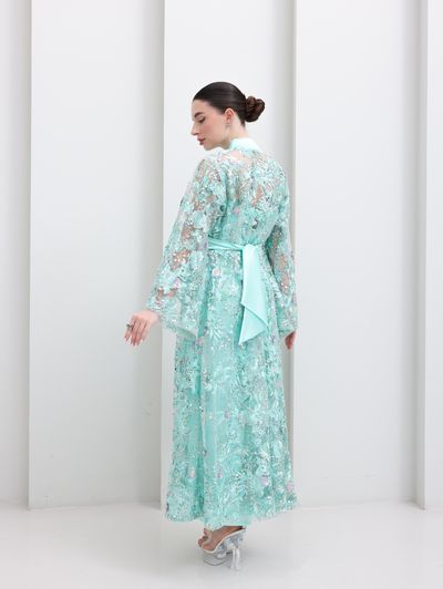 Tiffany Blue Embroidered Tulle Lace Abaya - Image 10