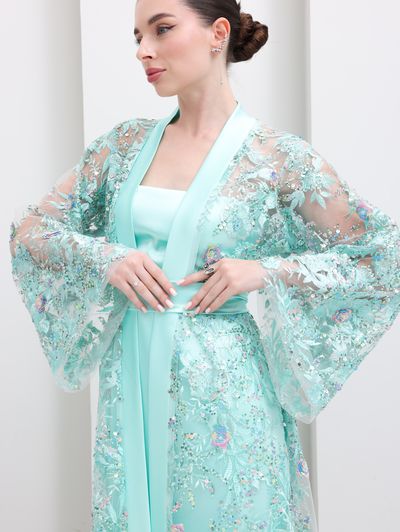 Tiffany Blue Embroidered Tulle Lace Abaya - Image 11