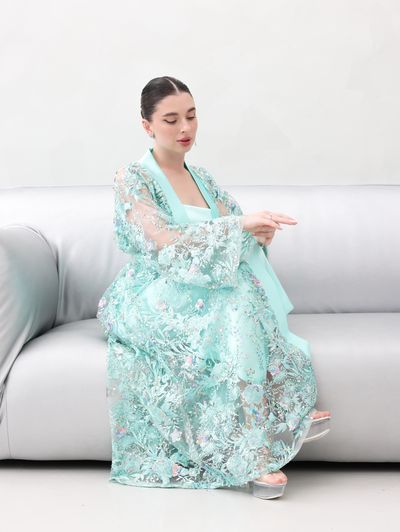 Tiffany Blue Embroidered Tulle Lace Abaya - Image 12