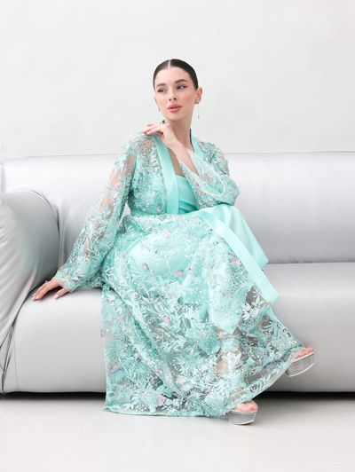 Tiffany Blue Embroidered Tulle Lace Abaya - Image 13