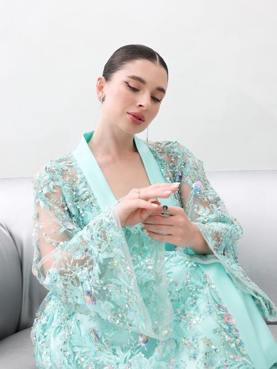 Tiffany Blue Embroidered Tulle Lace Abaya - Image 14
