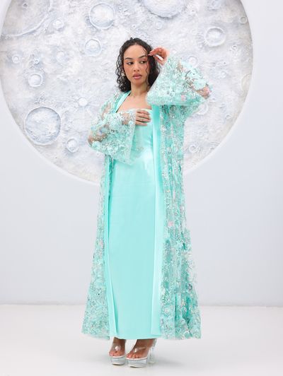 Tiffany Blue Embroidered Tulle Lace Abaya - Image 15
