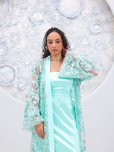 Tiffany Blue Embroidered Tulle Lace Abaya - Image 16