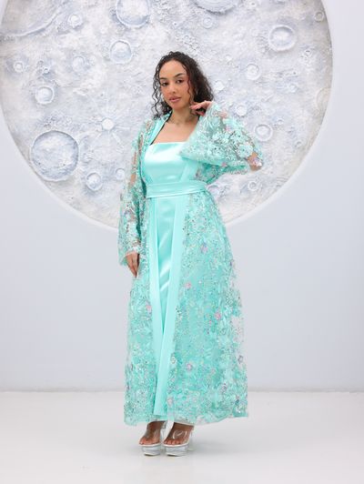 Tiffany Blue Embroidered Tulle Lace Abaya - Image 17