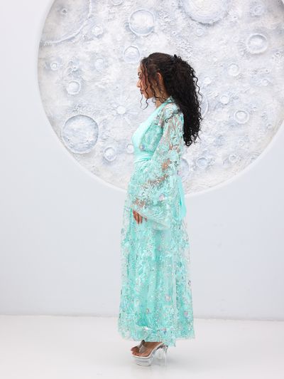 Tiffany Blue Embroidered Tulle Lace Abaya - Image 18
