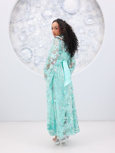 Tiffany Blue Embroidered Tulle Lace Abaya - Image 19