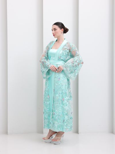 Tiffany Blue Embroidered Tulle Lace Abaya - Image 2