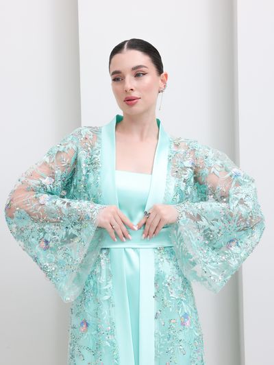 Tiffany Blue Embroidered Tulle Lace Abaya - Image 3