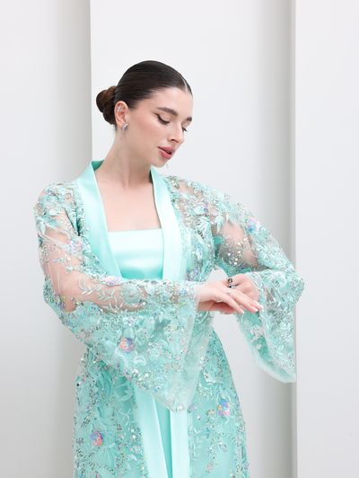 Tiffany Blue Embroidered Tulle Lace Abaya - Image 4