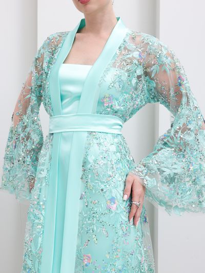 Tiffany Blue Embroidered Tulle Lace Abaya - Image 6