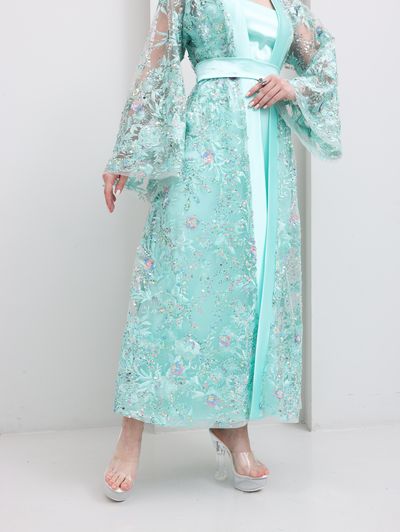 Tiffany Blue Embroidered Tulle Lace Abaya - Image 8