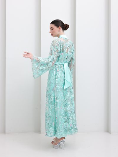 Tiffany Blue Embroidered Tulle Lace Abaya - Image 9