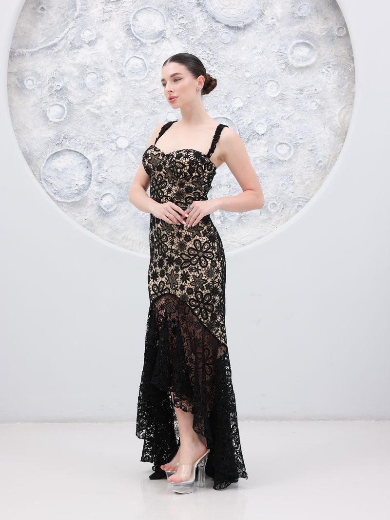 Solid Black Guipure Lace Abaya