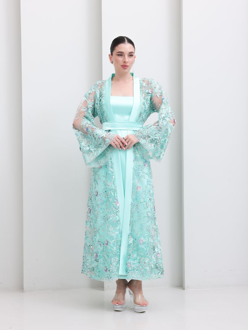 Tiffany Blue Embroidered Tulle Lace Abaya